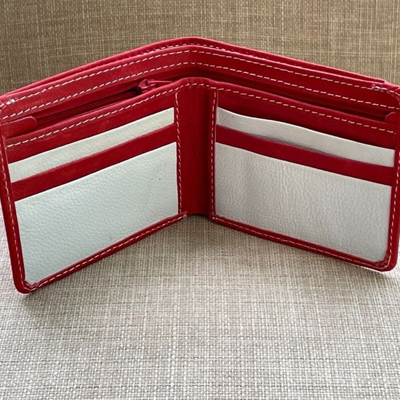 Leather Card Holder Wallet Red/White Handmade Genuine Leather Bi Fold Wallet